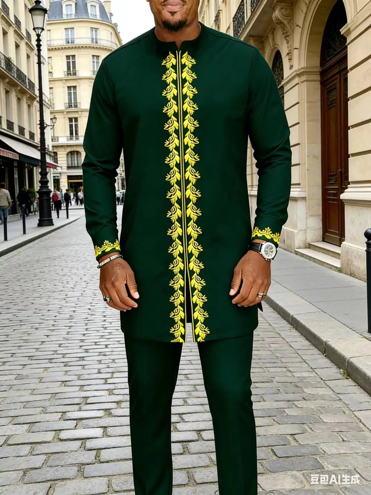 Ensemble Kaftan Africain Homme 2 Pièces – Costume Brodé Manches Longues – CLEVI Paris
