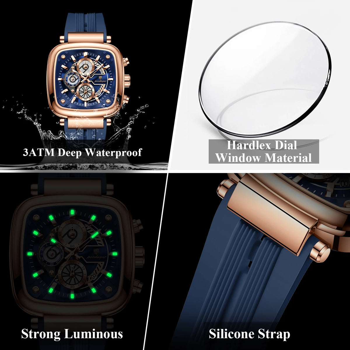 POEDAGAR 849 Montre Homme Quartz Carrée Chronographe Silicone Lumineux 30M – CLEVI Paris