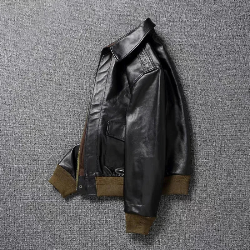 Blouson homme en cuir, col rabattu – CLEVI Paris
