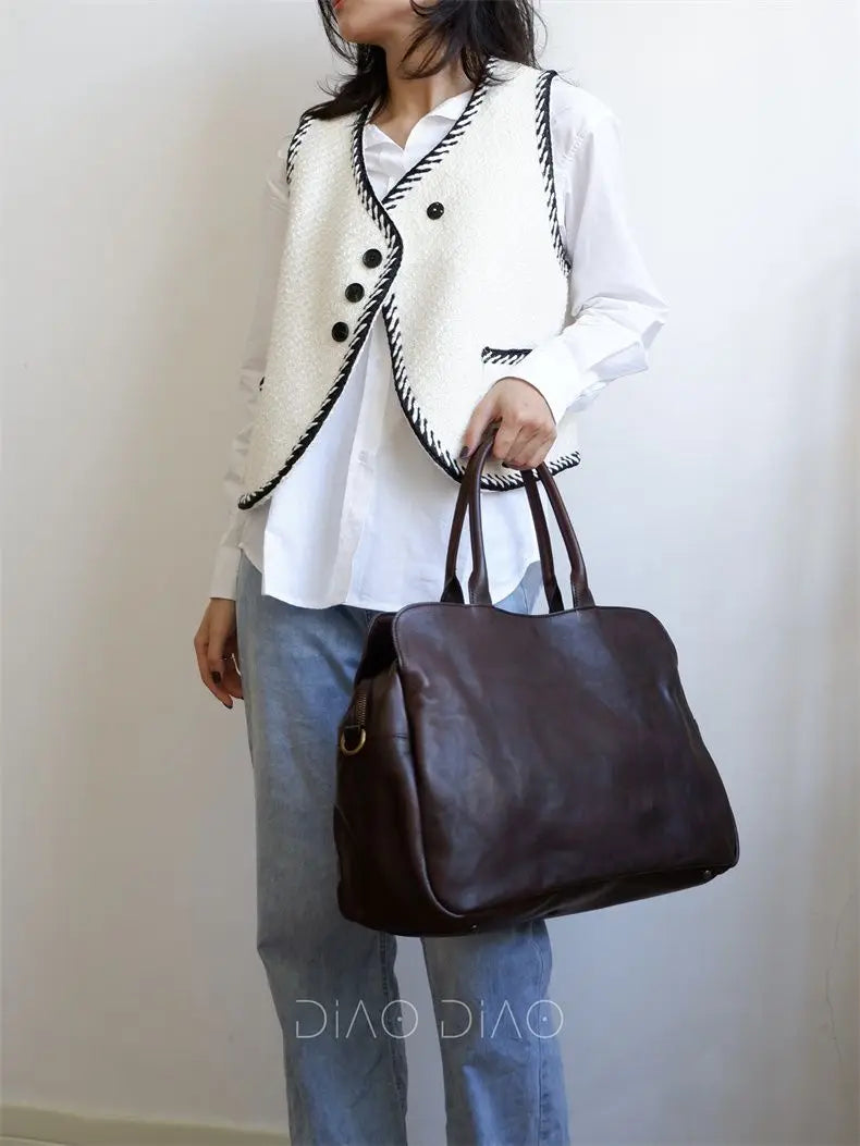 Grand Sac à Main Femme Cuir Vache Véritable 46x30cm Luxe Bandoulière – CLEVI Paris