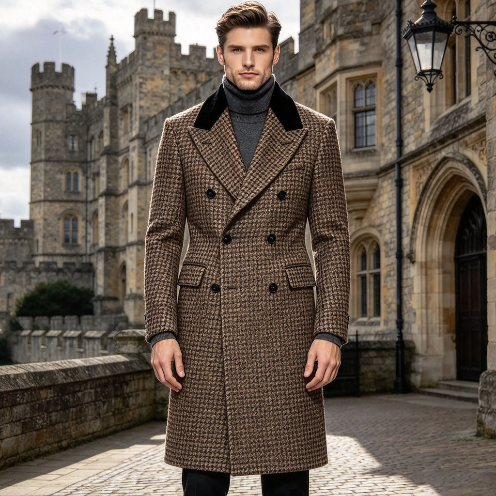 Manteau long homme pied-de-poule croisé – CLEVI Paris