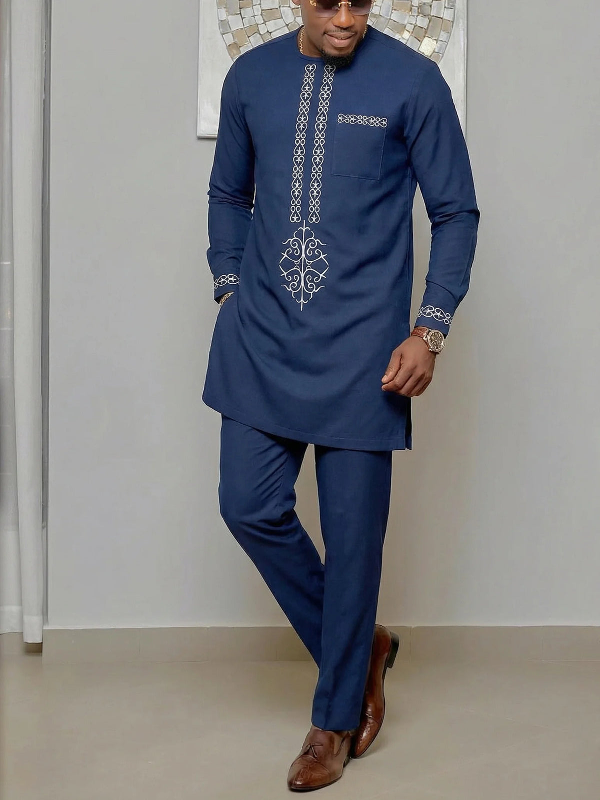 Kaftan Homme 2 Pièces Brodé Floral Col Mao Manches Longues + Pantalon Élastique Style Africain Mariage M-4XL – CLEVI Paris