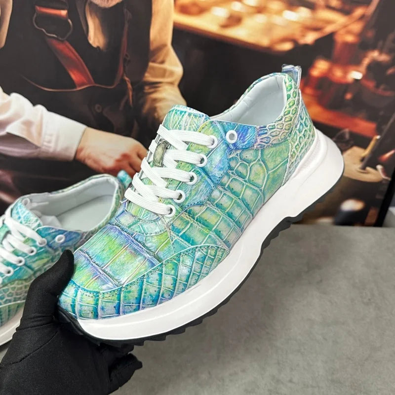 Sneakers Cuir Croco Bleu Peint Main Lacets Homme – CLEVI Paris