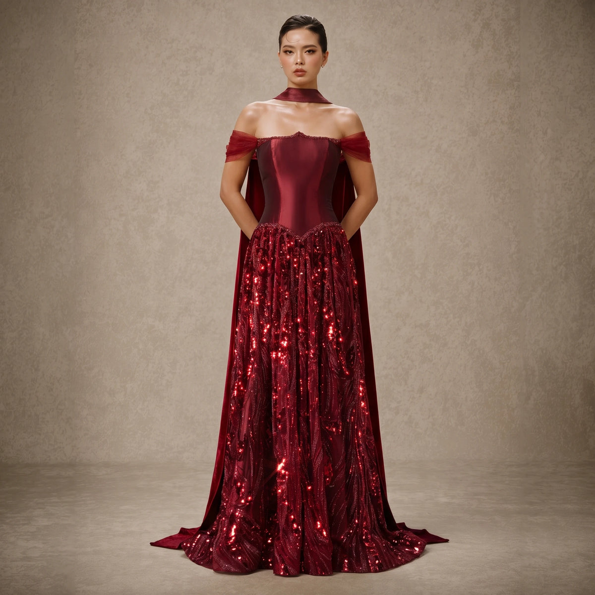 Robe de soirée épaules dénudées perlée – CLEVI Paris