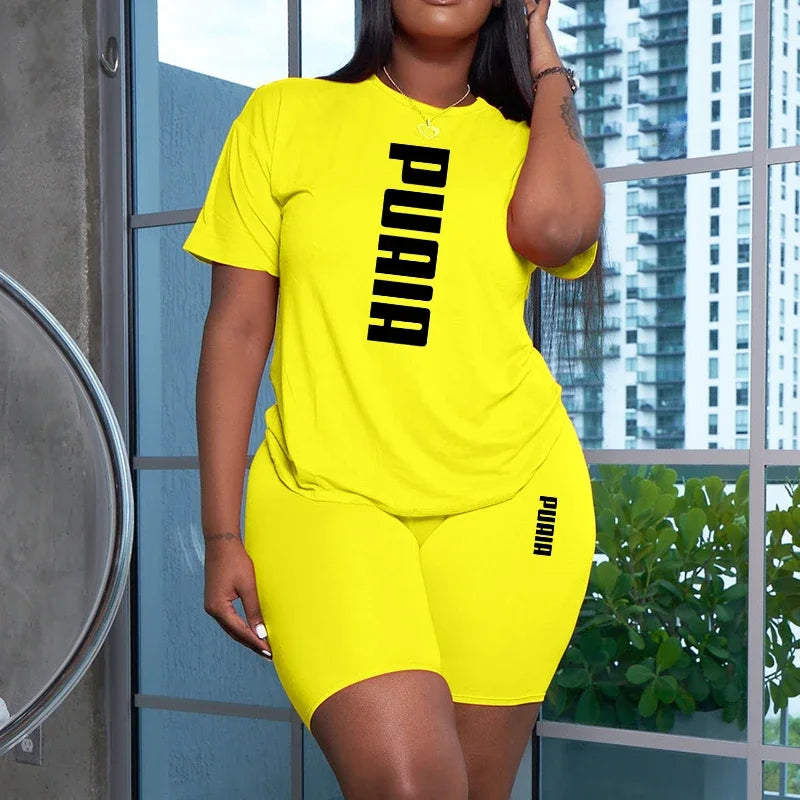 Ensemble 2 Pièces Femme T-Shirt Col Rond Manches Courtes Imprimé + Short Casual Sport 8 Coloris – CLEVI Paris