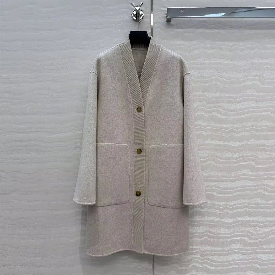 Manteau femme laine et cachemire col V – CLEVI Paris