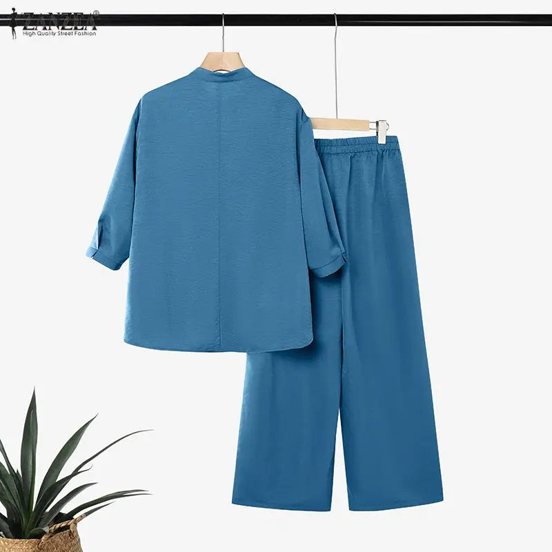 Ensemble 2 Pièces Femme Blouse Col Montant Manches 3/4 + Pantalon Large Taille Élastique OL Casual Bohème 3 Coloris – CLEVI Paris