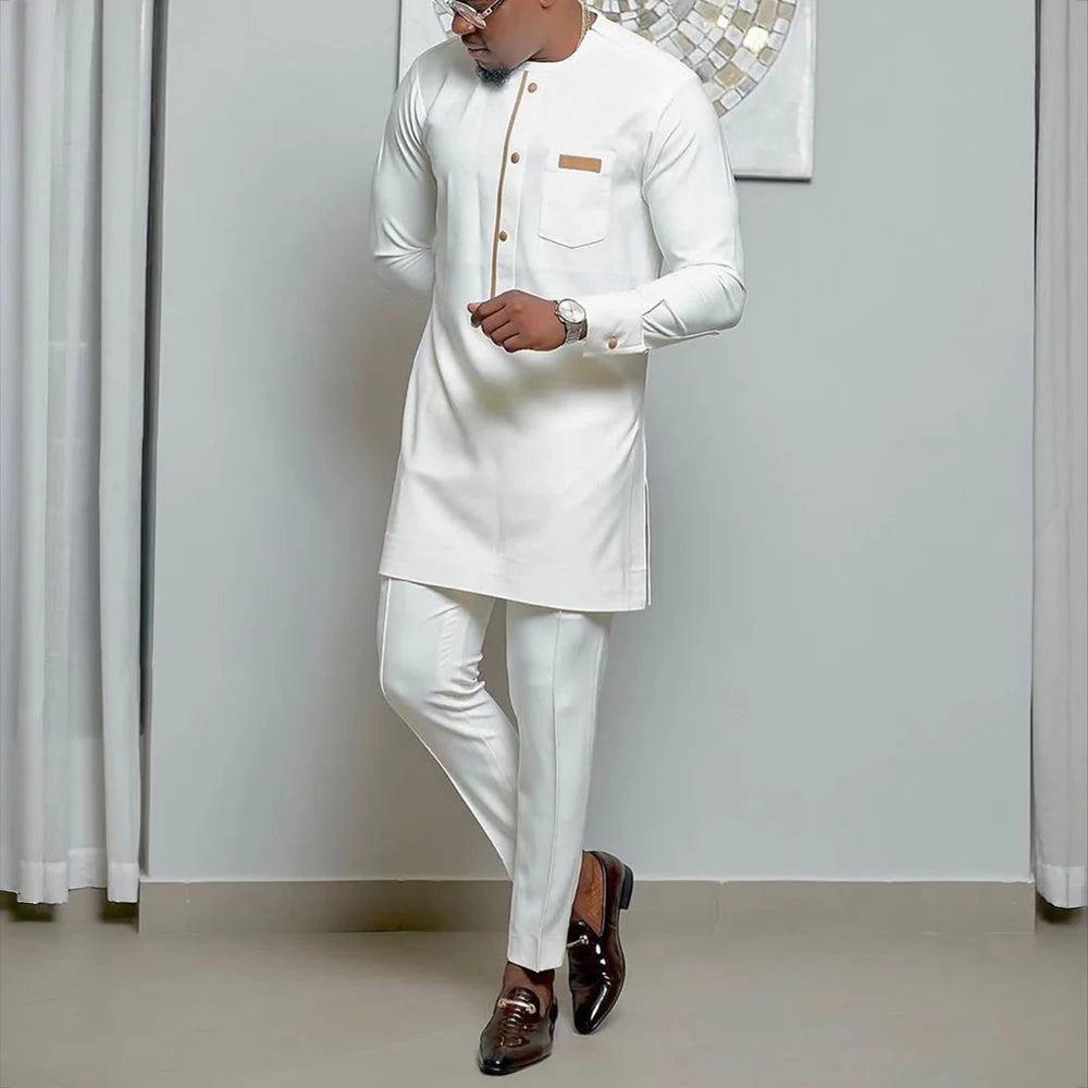 Ensemble 2 Pièces Homme Style Africain Chemise Manches Longues Col Rond + Pantalon Cordon Élégant XS-XXL – CLEVI Paris