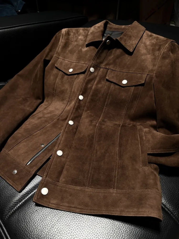 Veste homme marron aspect daim à col rabattu – CLEVI Paris