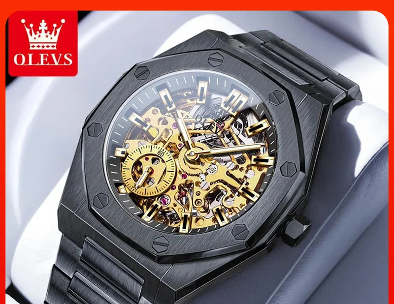 OLEVS 6669 Montre Homme Automatique Squelette Creux Acier Étanche 30M – CLEVI Paris
