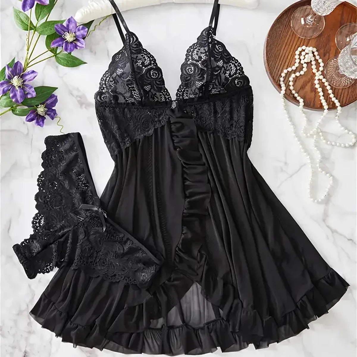 Ensemble Lingerie Dentelle Volantée Col V Profond Transparent Femme Nuisette Mini + String 6 Coloris S-XL – CLEVI Paris