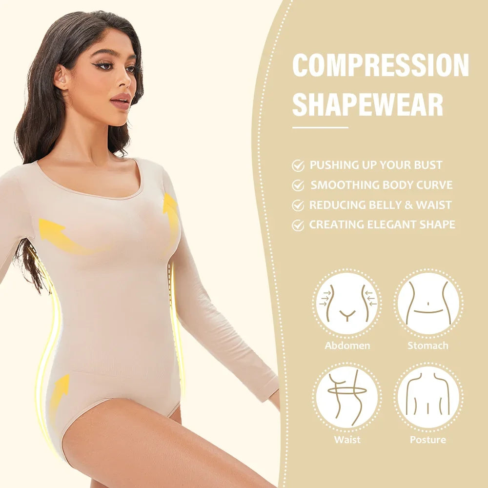 Gaine Gainante Femme Bodysuit Manches Longues Col Rond Sans Couture Contrôle Ferme Entrejambe Ouvert Minceur S-XXL – CLEVI Paris