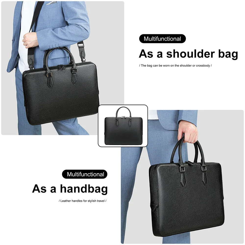 Serviette Homme Cuir Vache Motif Croisé Minimaliste Laptop – CLEVI Paris