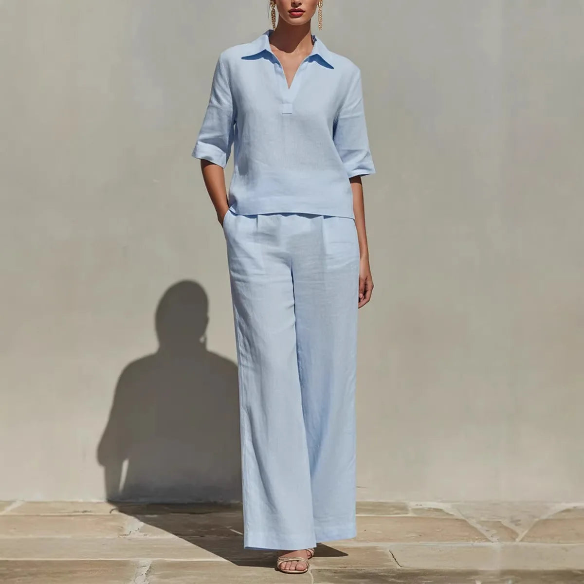 Ensemble Femme Blouse Col Polo et Pantalon Large – CLEVI Paris