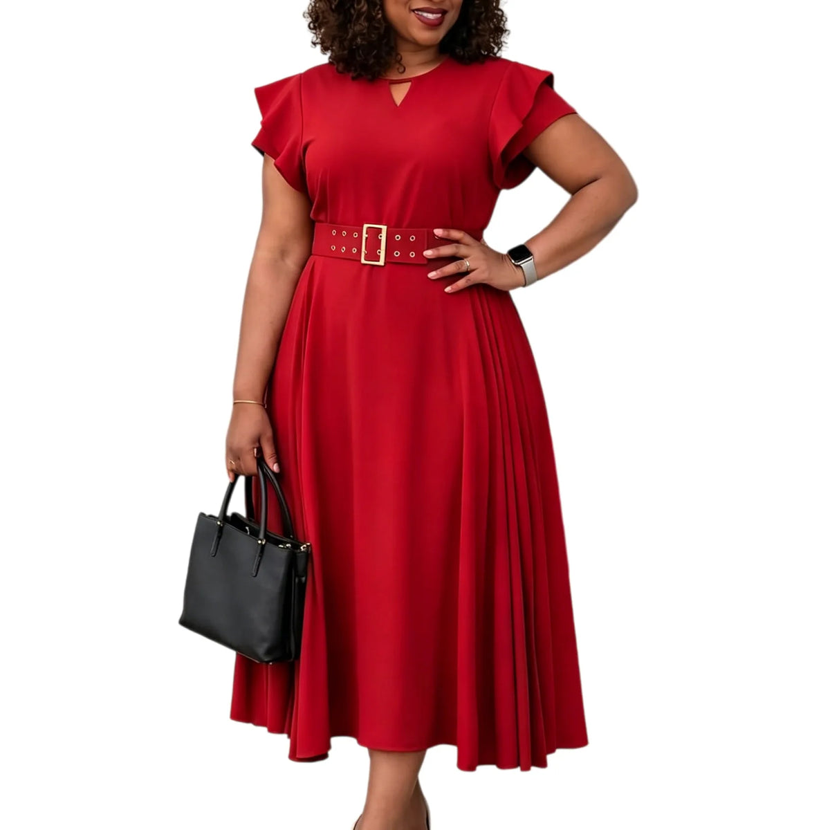 Robe Femme Grande Taille Col V Manches Courtes Ceinture A-line Mi-Mollet Bureau – CLEVI Paris