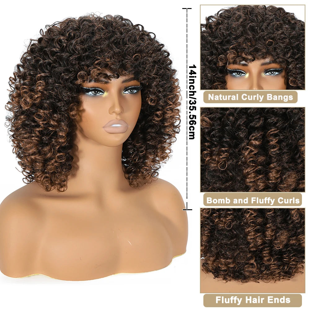 Perruque Synthétique Courte Afro Kinky Curly Avec Frange 180% 6 Teintes 14 Pouces – CLEVI Paris