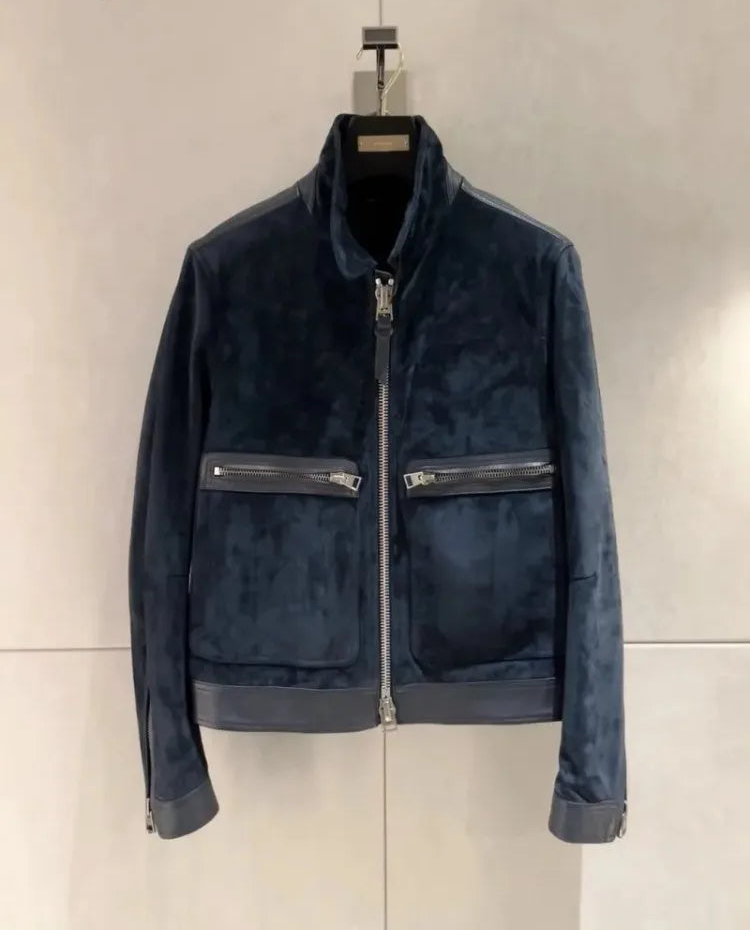Blouson homme bleu foncé aspect daim – CLEVI Paris