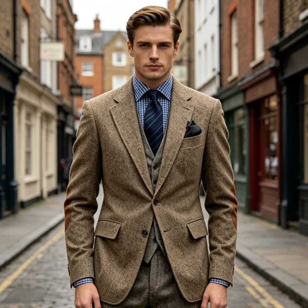 Blazer homme en tweed, revers cranté et coudes – CLEVI Paris