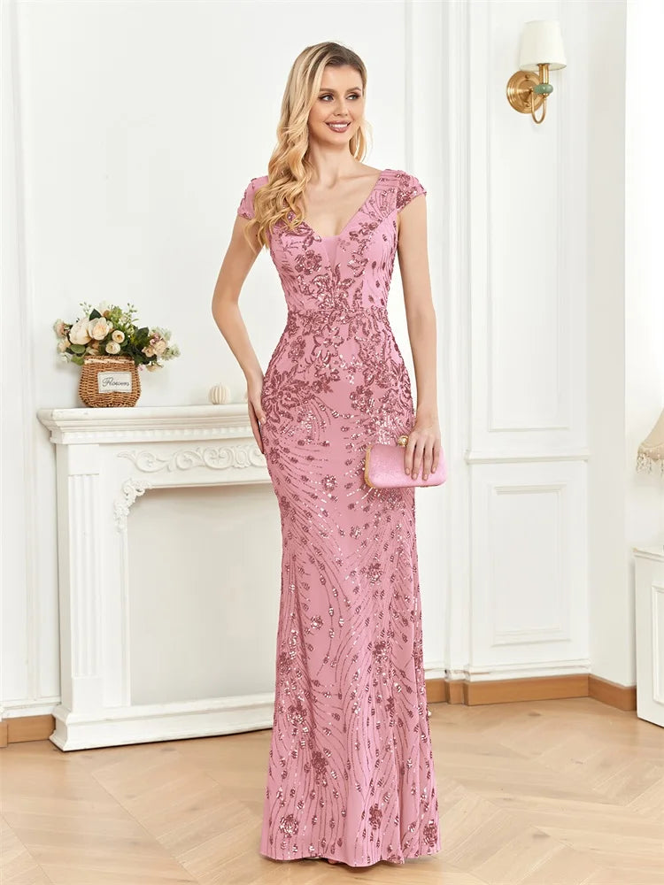 Robe de soirée sirène brodée col V – CLEVI Paris