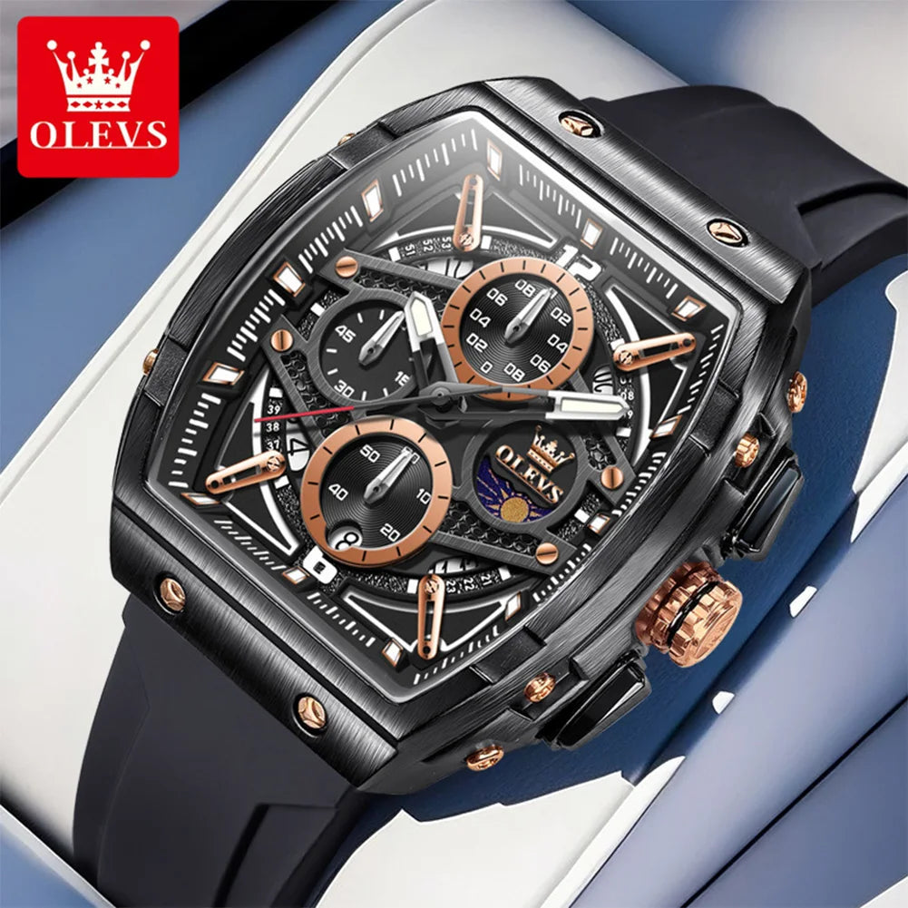 OLEVS 2975 Montre Homme Quartz Tonneau Évidé Grand Cadran Silicone Lumineux 30M – CLEVI Paris