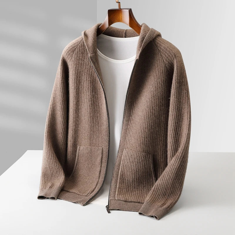 Cardigan Homme 100% Laine Mérinos MVLYFLRT – Zippé Capuche Tricot Épais Manches Longues – 5 Coloris, S à XXL – CLEVI Paris