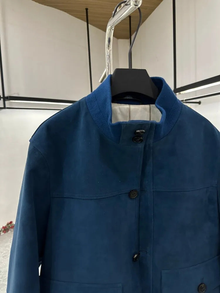 Veste homme bleue aspect daim à col montant – CLEVI Paris