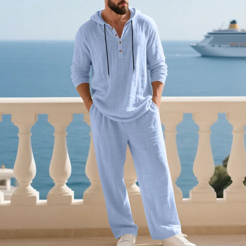 Ensemble Homme Chemise Henley Lin À Capuche Manches Longues + Pantalon Casual Voyage Printemps Automne – CLEVI Paris