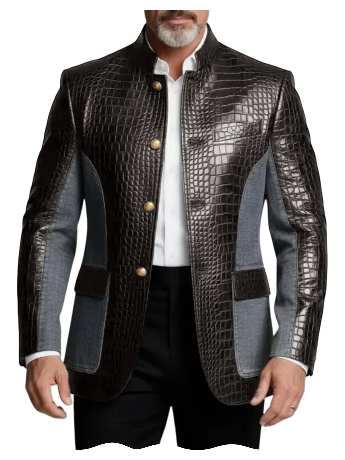 Blazer en cuir PU de luxe marron pour homme, effet croco, patchwork denim, col montant, coupe ajustée, idéal pour affaires, décontracté ou soirée