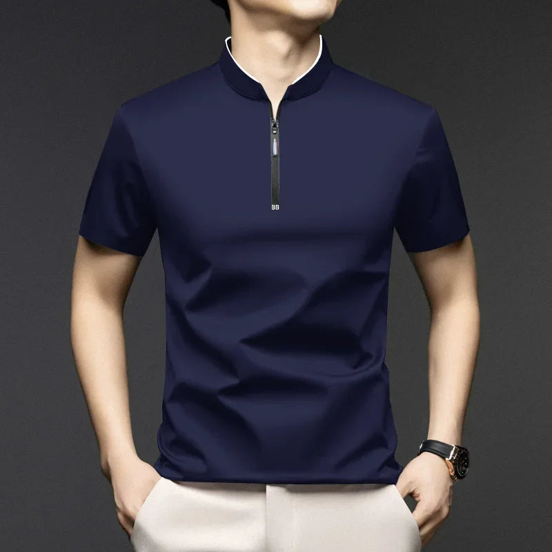 Polo Homme Casual Zip Col Montant Manches Courtes Uni Anti-Froissage S-4XL – CLEVI Paris