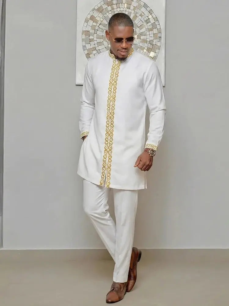 Ensemble Kaftan Homme Col Rond Manches Longues Tenue Africaine Traditionnelle 2 Pièces – CLEVI Paris