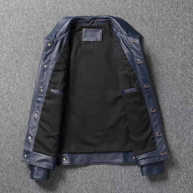 Veste homme en cuir de vache, col rond – CLEVI Paris