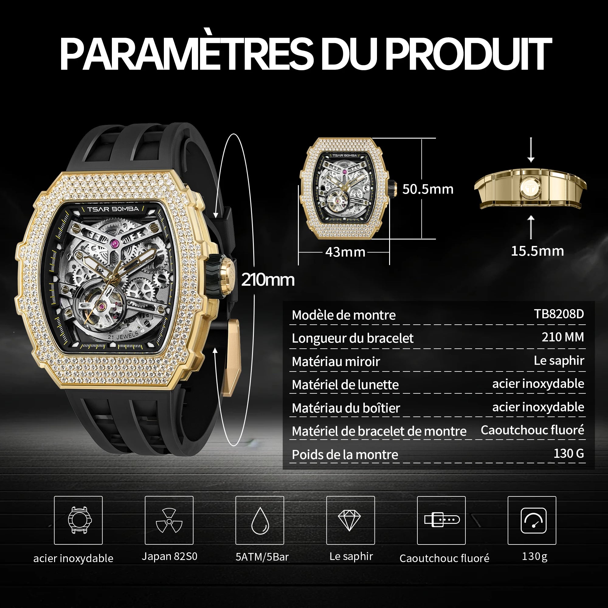 Montre Homme Automatique TSAR BOMBA TB8208D – Miyota Squelette Zircone Verre Saphir Étanche 50m – CLEVI Paris