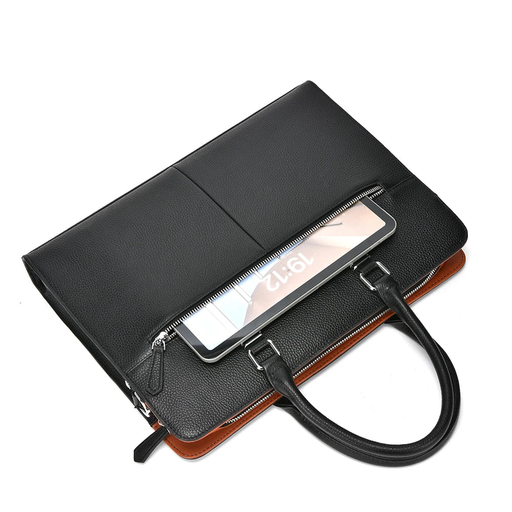 Serviette Homme Cuir Vache Rayures Luxe Laptop 14" 38x8x28cm – CLEVI Paris
