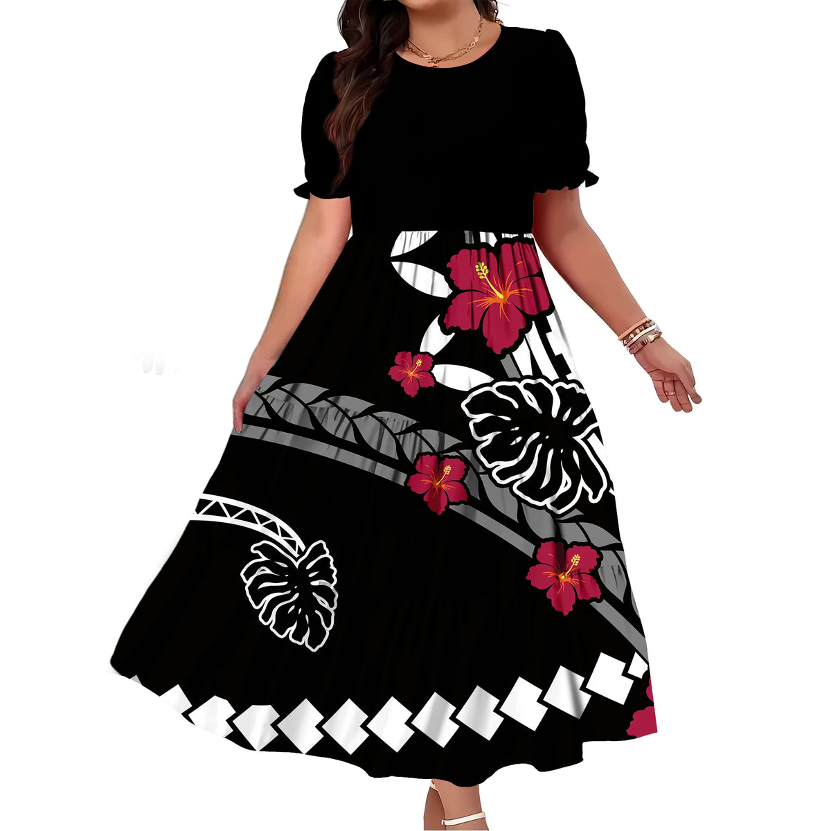 Robe Femme Longue Imprimé Polynésien Manches Bouffantes Ample Élégante – CLEVI Paris