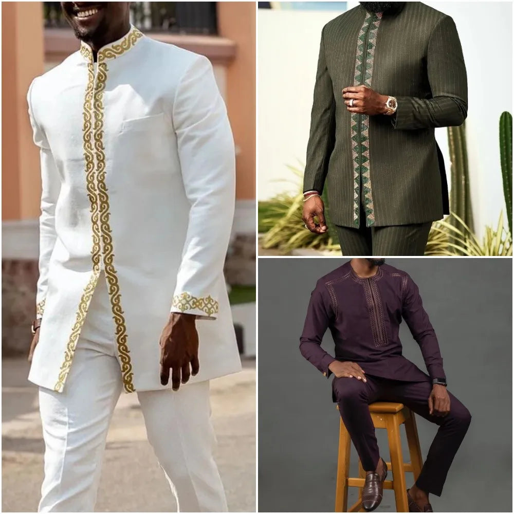 Kaftan Homme 2 Pièces Brodé Floral Col Mao Manches Longues + Pantalon Élastique Style Africain Mariage M-4XL – CLEVI Paris