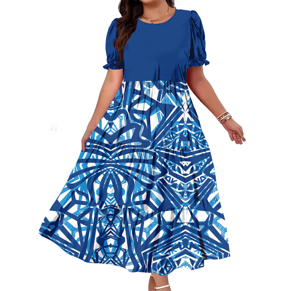 Robe Femme Longue Imprimé Polynésien Manches Bouffantes Ample Élégante – CLEVI Paris