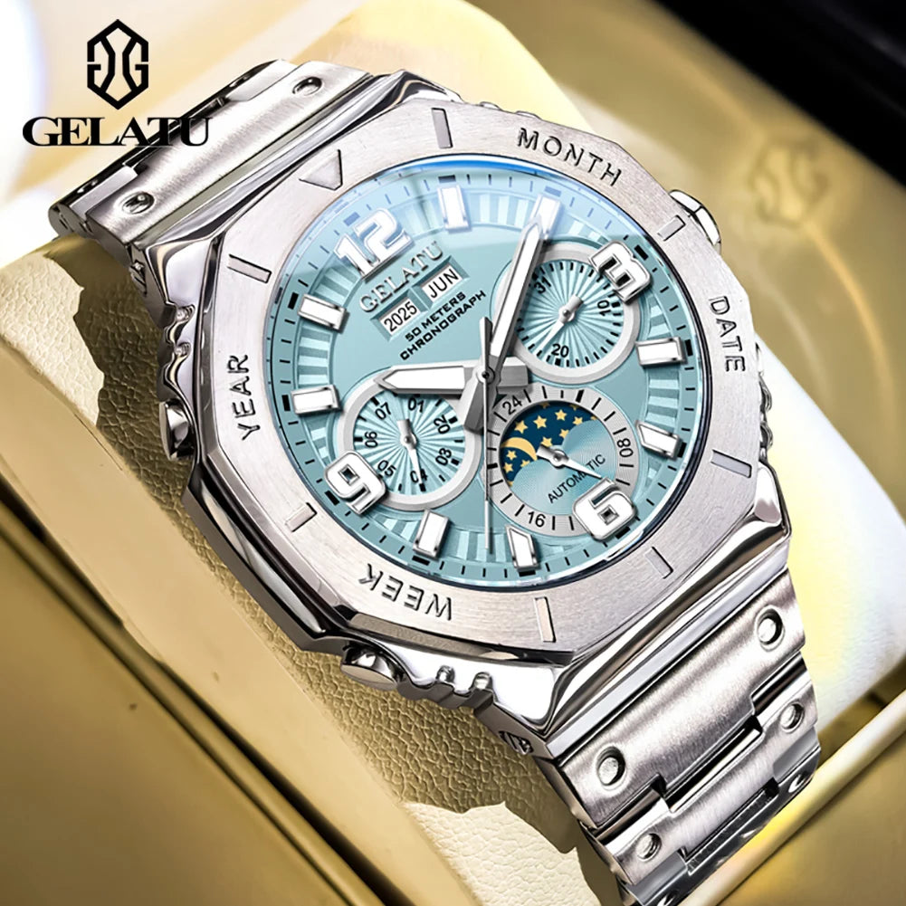 GELATU 6030 Montre Homme Automatique Phase de Lune Saphir Acier 316L 50M – CLEVI Paris