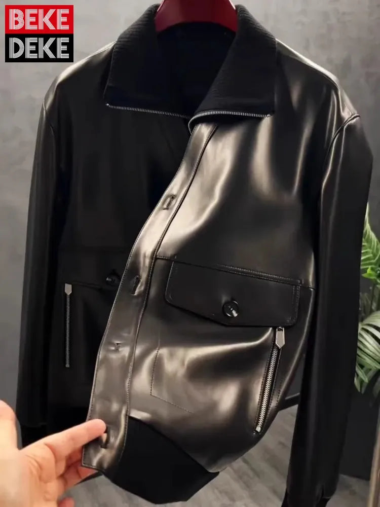 Veste homme en cuir noir à détails zippés – CLEVI Paris