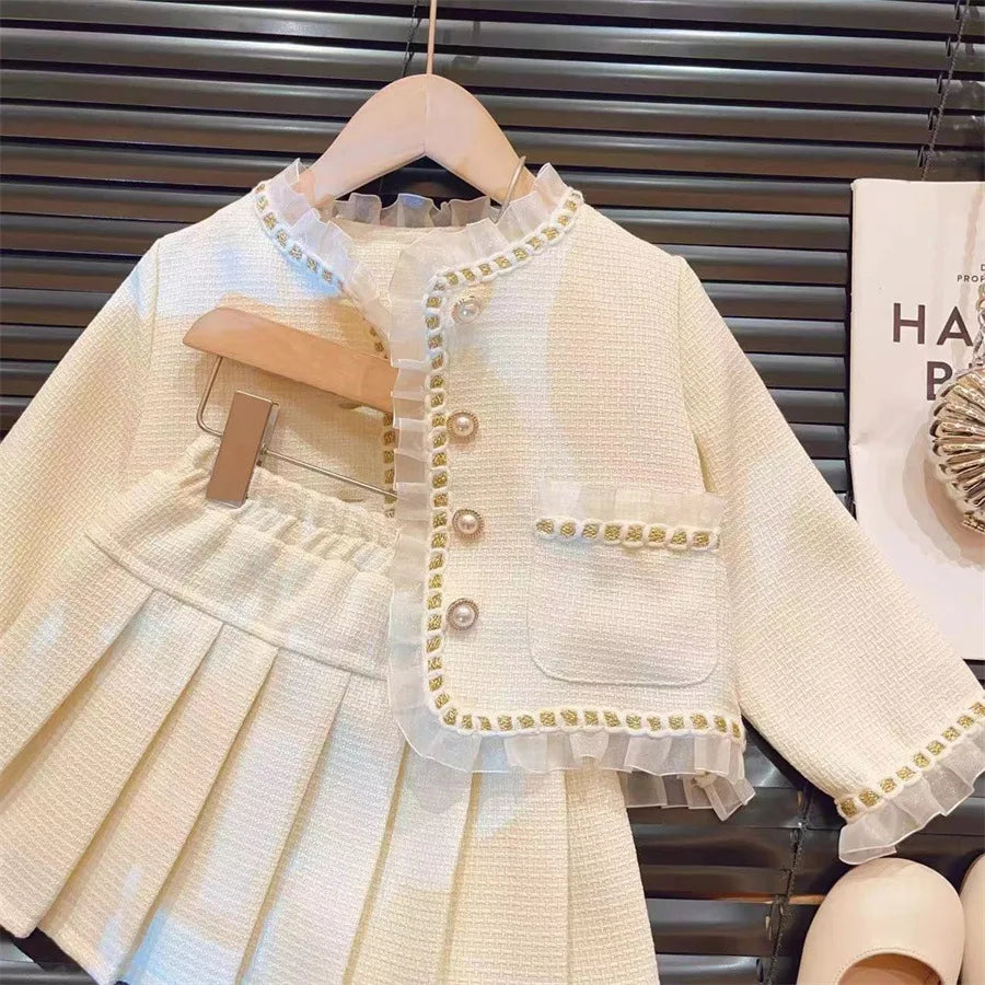 Ensemble fille beige dentelle et jupe plissée – CLEVI Paris