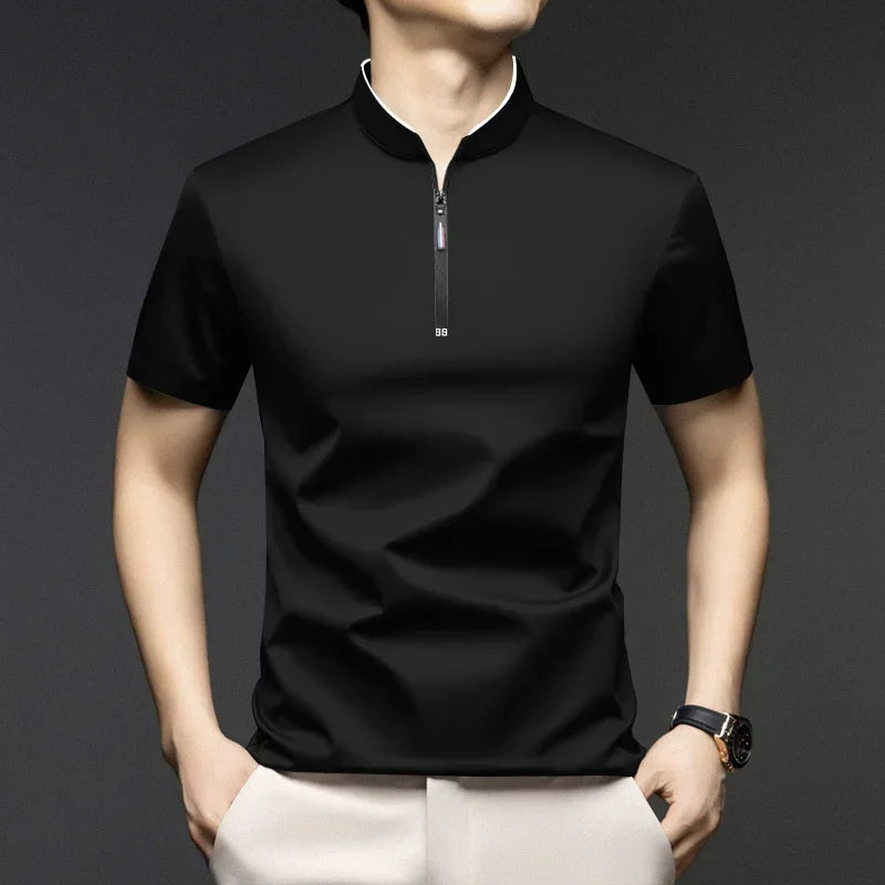 Polo Homme Casual Zip Col Montant Manches Courtes Uni Anti-Froissage S-4XL – CLEVI Paris