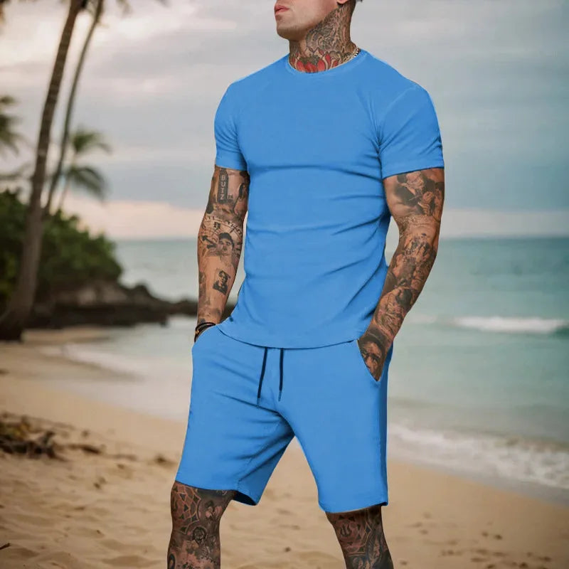 Ensemble Homme T-Shirt Col Rond + Short Sport Coton Respirant – CLEVI Paris