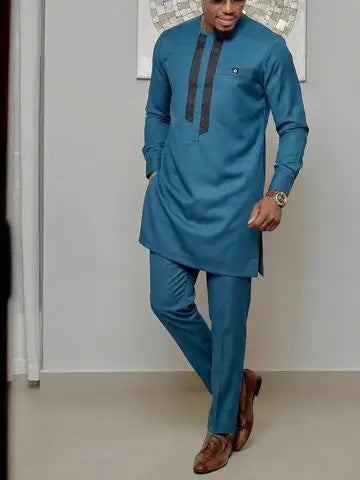 Kaftan Homme 2 Pièces Brodé Floral Col Mao Manches Longues + Pantalon Élastique Style Africain Mariage M-4XL – CLEVI Paris