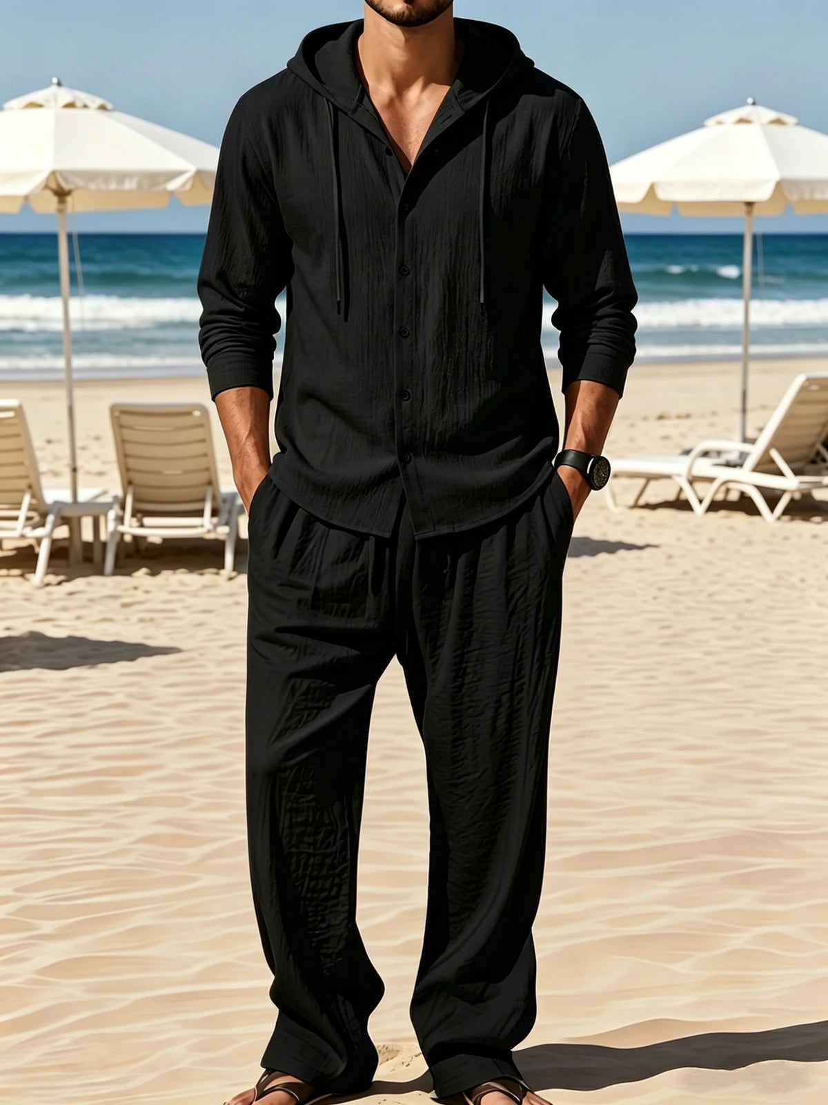 Ensemble 2 Pièces Homme Été – Chemise Oversize à Capuche Boutonnée + Pantalon Large Élastique – 6 Coloris, S à 3XL – CLEVI Paris
