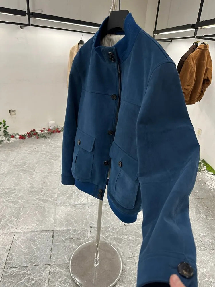 Veste homme bleue aspect daim à col montant – CLEVI Paris