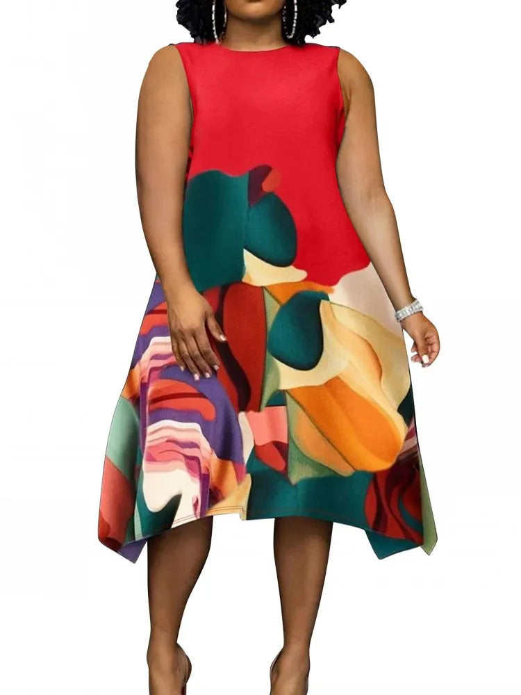 Robe Femme Grande Taille Sans Manches Col Rond Imprimé A-line Casual Mi-Mollet – CLEVI Paris