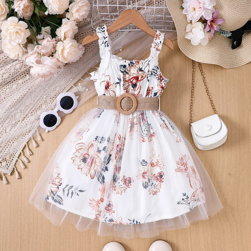 Robe fille fleurie à bretelles et ceinture – CLEVI Paris