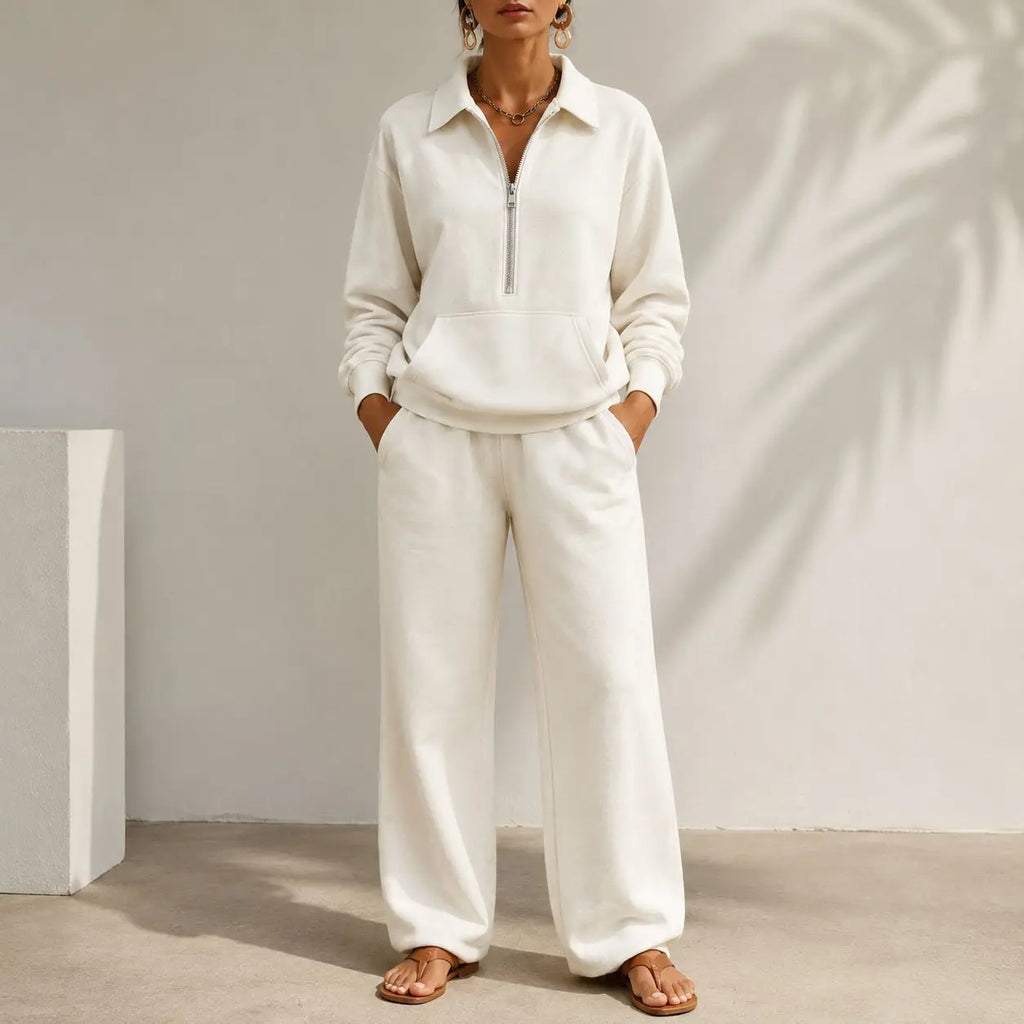 Ensemble femme sweat col zippé et pantalon large – CLEVI Paris