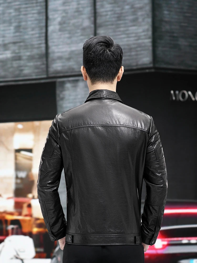 Veste homme en cuir noir boutonnée – CLEVI Paris