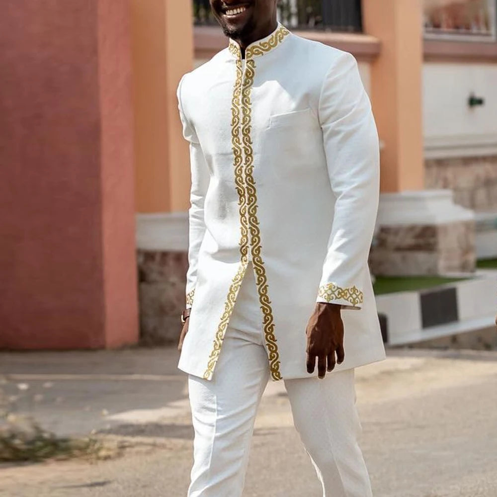 Kaftan Homme 2 Pièces Brodé Floral Col Mao Manches Longues + Pantalon Élastique Style Africain Mariage M-4XL – CLEVI Paris
