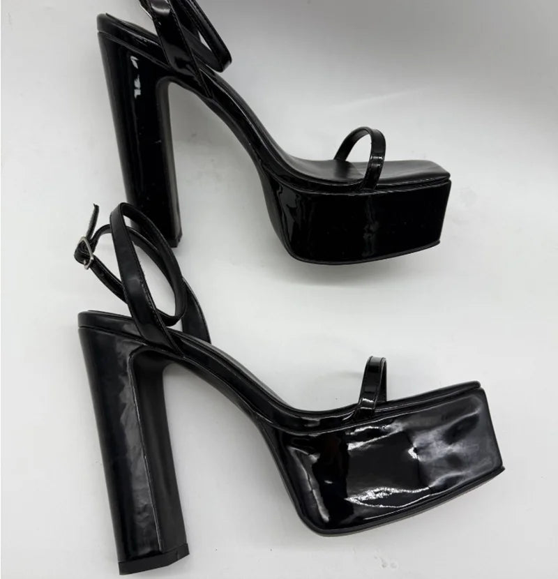 Sandales Talons Bloc Cuir Verni Bride Cheville Bout Ouvert – CLEVI Paris